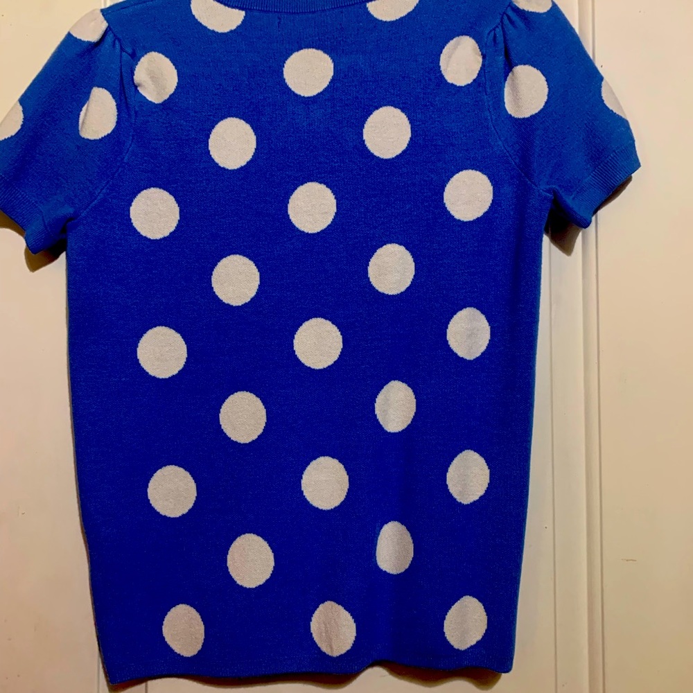 Blue and white polka dot short sleeve sweater top
